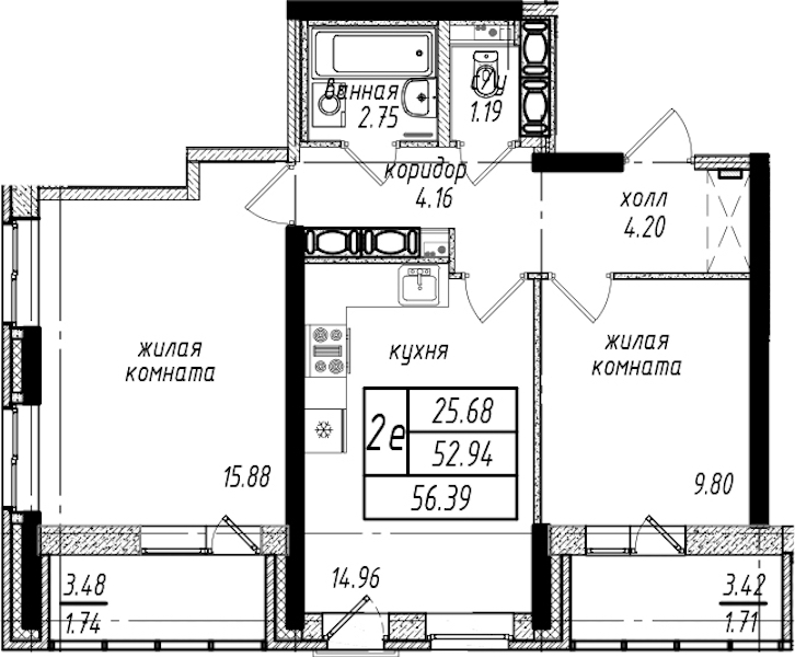 2-комнатная квартира 56.39 м², 20/25 эт., ЖК «Северная Долина»